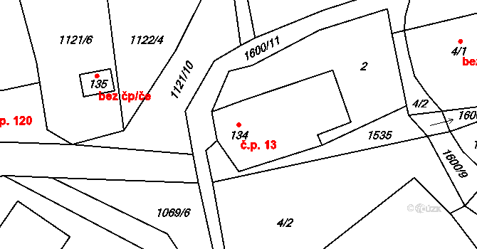 Úbočí 13, Dolní Žandov na parcele st. 134 v KÚ Úbočí u Dolního Žandova, Katastrální mapa