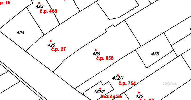 Buchlovice 650 na parcele st. 430 v KÚ Buchlovice, Katastrální mapa