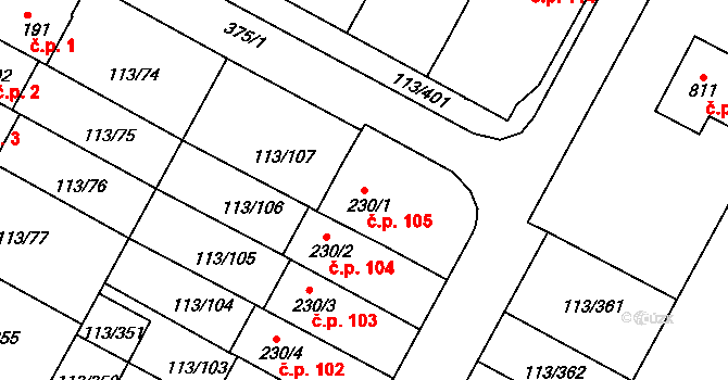 Čepirohy 105, Most na parcele st. 230/1 v KÚ Čepirohy, Katastrální mapa