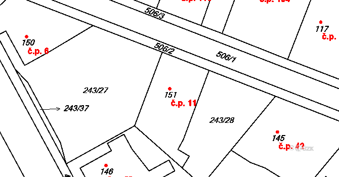 Podlažice 11, Chrast na parcele st. 151 v KÚ Podlažice, Katastrální mapa