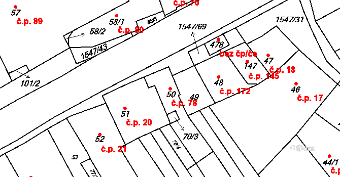 Ledčice 78 na parcele st. 50 v KÚ Ledčice, Katastrální mapa