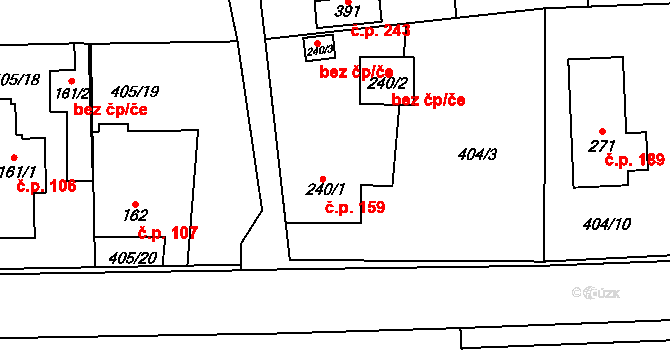 Třebotov 159 na parcele st. 240/1 v KÚ Třebotov, Katastrální mapa