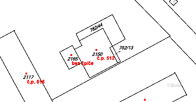 Lázně Bohdaneč 512 na parcele st. 2150 v KÚ Lázně Bohdaneč, Katastrální mapa