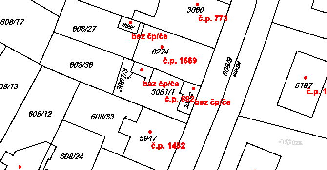 Bílé Předměstí 892, Pardubice na parcele st. 3061/1 v KÚ Pardubice, Katastrální mapa