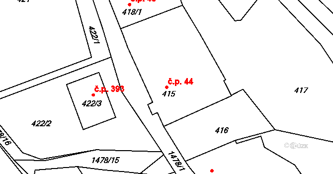 Olomučany 44 na parcele st. 415 v KÚ Olomučany, Katastrální mapa