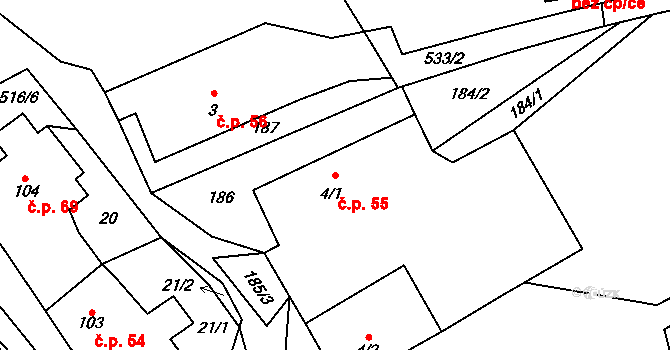 Albrechtičky 55 na parcele st. 4/1 v KÚ Albrechtičky, Katastrální mapa