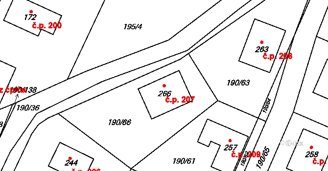 Doubek 207 na parcele st. 266 v KÚ Doubek, Katastrální mapa
