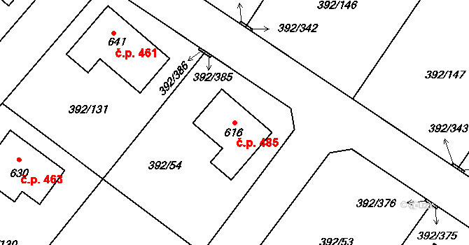 Všeruby 485 na parcele st. 616 v KÚ Všeruby u Plzně, Katastrální mapa