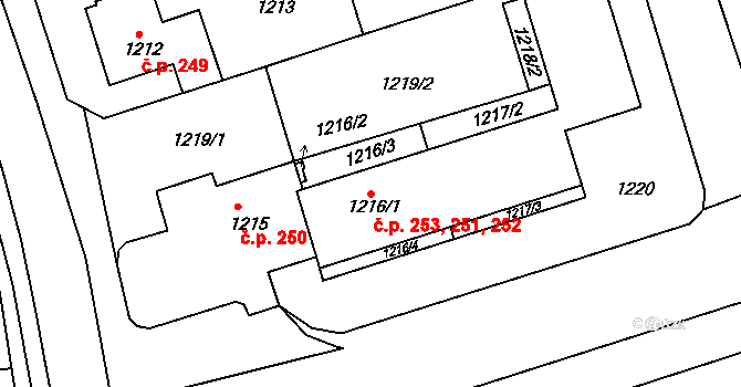 Moravský Krumlov 251,252,253 na parcele st. 1216/1 v KÚ Moravský Krumlov, Katastrální mapa