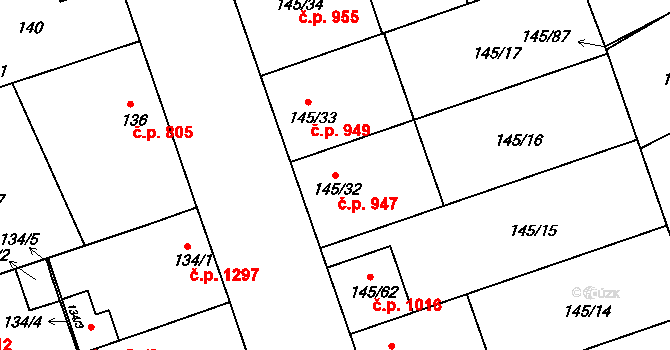 Ratíškovice 947 na parcele st. 145/32 v KÚ Ratíškovice, Katastrální mapa