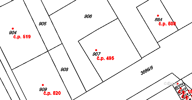 Vyškov-Předměstí 495, Vyškov na parcele st. 907 v KÚ Vyškov, Katastrální mapa