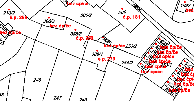 Úpice 279 na parcele st. 388/1 v KÚ Úpice, Katastrální mapa