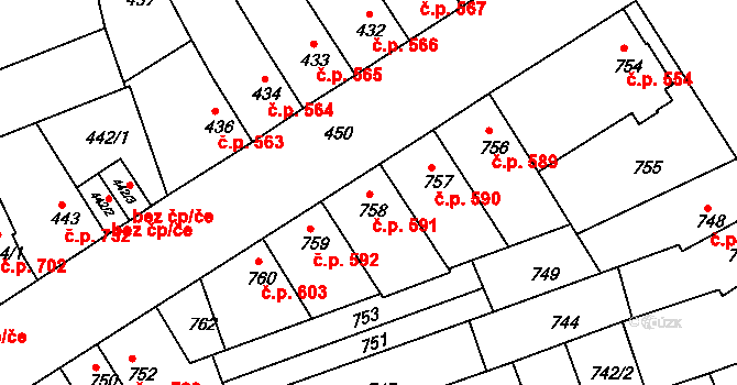 Hulín 591 na parcele st. 758 v KÚ Hulín, Katastrální mapa
