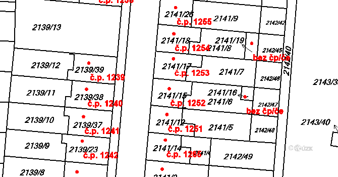 Hulín 1252 na parcele st. 2141/15 v KÚ Hulín, Katastrální mapa