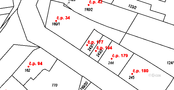 Tršice 177 na parcele st. 243/1 v KÚ Tršice, Katastrální mapa