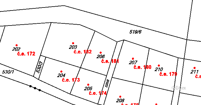 Třtice 181 na parcele st. 206 v KÚ Třtice u Nového Strašecí, Katastrální mapa