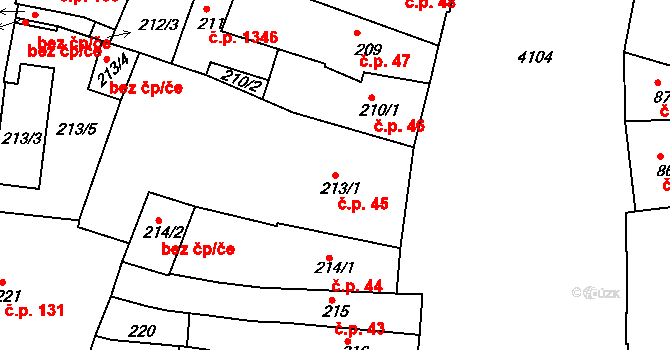 Roudnice nad Labem 45 na parcele st. 213/1 v KÚ Roudnice nad Labem, Katastrální mapa