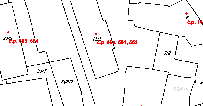 Štětí 550,551,552 na parcele st. 13/3 v KÚ Štětí I, Katastrální mapa