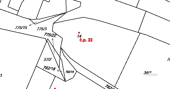 Lom 22 na parcele st. 14 v KÚ Lom, Katastrální mapa