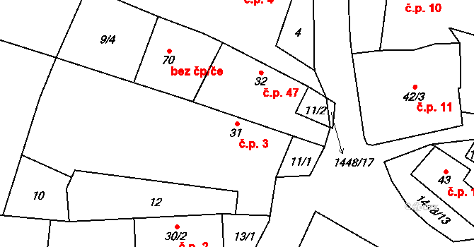 Doubravice 3 na parcele st. 31 v KÚ Doubravice u Strakonic, Katastrální mapa