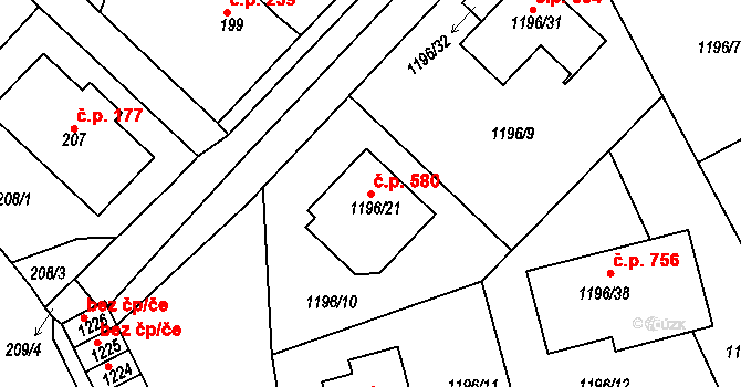Proboštov 580 na parcele st. 1196/21 v KÚ Proboštov u Teplic, Katastrální mapa