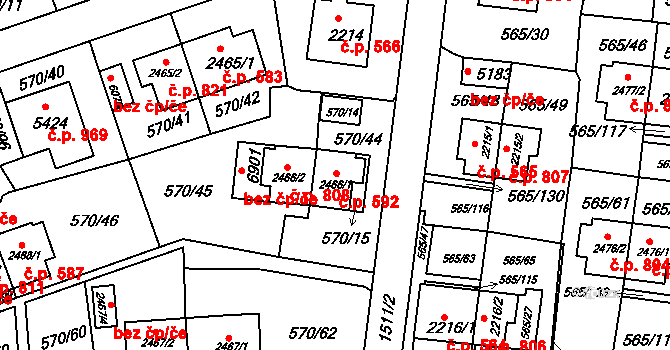 Borovina 592, Třebíč na parcele st. 2466/1 v KÚ Třebíč, Katastrální mapa