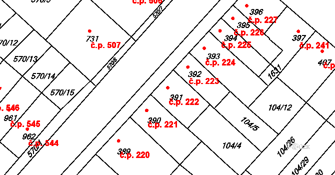 Podklášteří 222, Třebíč na parcele st. 391 v KÚ Podklášteří, Katastrální mapa