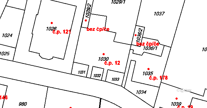 Pudlov 12, Bohumín na parcele st. 1030 v KÚ Pudlov, Katastrální mapa