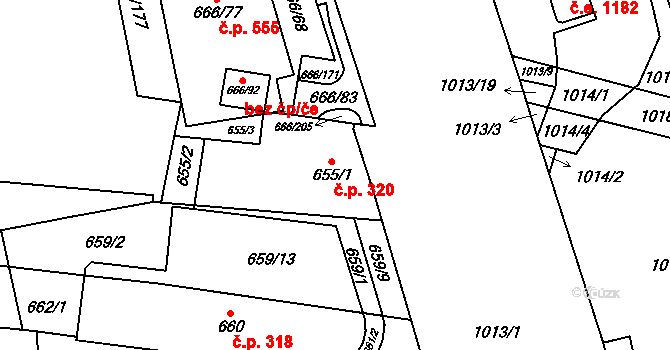 Medlánky 320, Brno na parcele st. 655/1 v KÚ Medlánky, Katastrální mapa