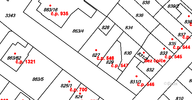 Pelhřimov 548 na parcele st. 827 v KÚ Pelhřimov, Katastrální mapa