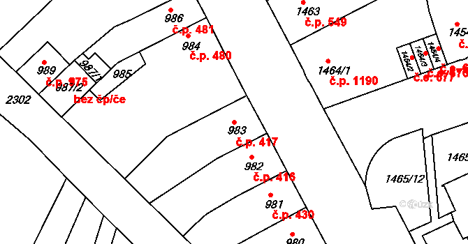 Trnovany 417, Teplice na parcele st. 983 v KÚ Teplice-Trnovany, Katastrální mapa