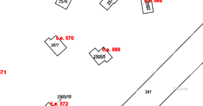 Káraný 569 na parcele st. 2505/5 v KÚ Káraný, Katastrální mapa