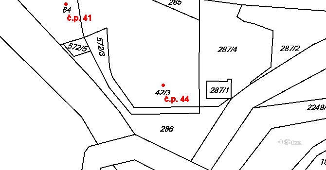 Bohouňovice II 44, Horní Kruty na parcele st. 42/3 v KÚ Bohouňovice II, Katastrální mapa