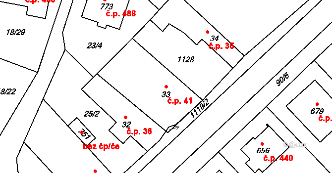 Sendražice 41, Kolín na parcele st. 33 v KÚ Sendražice u Kolína, Katastrální mapa