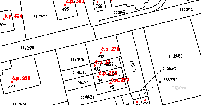 Kvasiny 270 na parcele st. 432 v KÚ Kvasiny, Katastrální mapa