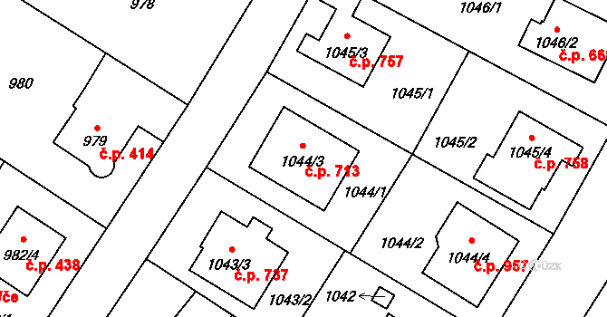 Libuš 713, Praha na parcele st. 1044/3 v KÚ Libuš, Katastrální mapa