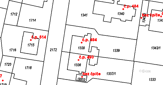 Střešovice 494, Praha na parcele st. 1338 v KÚ Střešovice, Katastrální mapa