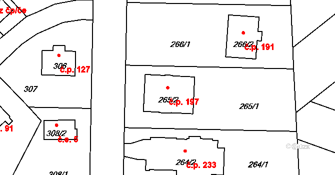 Sedlec 197, Praha na parcele st. 265/2 v KÚ Sedlec, Katastrální mapa