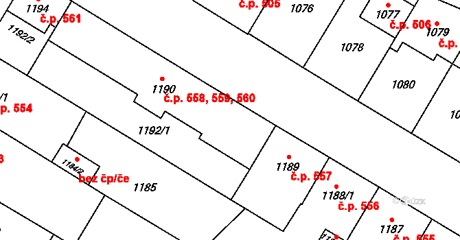 České Budějovice 7 558,559,560, České Budějovice na parcele st. 1190 v KÚ České Budějovice 7, Katastrální mapa