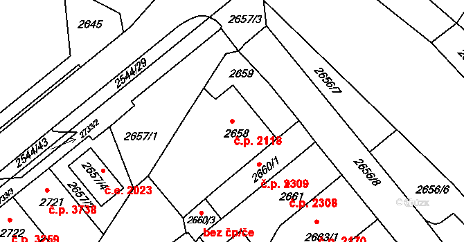 Chomutov 2118 na parcele st. 2658 v KÚ Chomutov II, Katastrální mapa