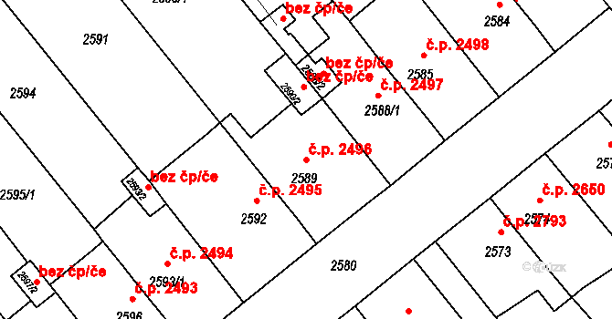 Chomutov 2496 na parcele st. 2589 v KÚ Chomutov II, Katastrální mapa