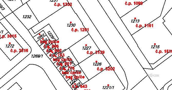 Chomutov 3139 na parcele st. 1227 v KÚ Chomutov I, Katastrální mapa