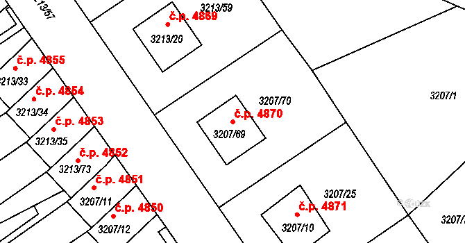 Chomutov 4870 na parcele st. 3207/69 v KÚ Chomutov II, Katastrální mapa