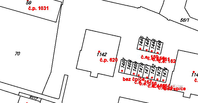 Rosice 620 na parcele st. 1142 v KÚ Rosice u Brna, Katastrální mapa