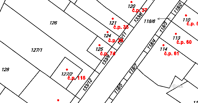 Rebešovice 74 na parcele st. 125 v KÚ Rebešovice, Katastrální mapa