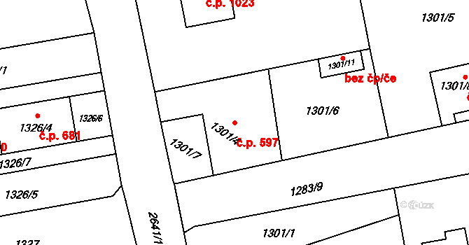 Prostřední Suchá 597, Havířov na parcele st. 1301/4 v KÚ Prostřední Suchá, Katastrální mapa
