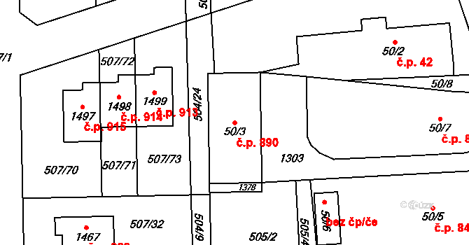 Svítkov 890, Pardubice na parcele st. 50/3 v KÚ Svítkov, Katastrální mapa