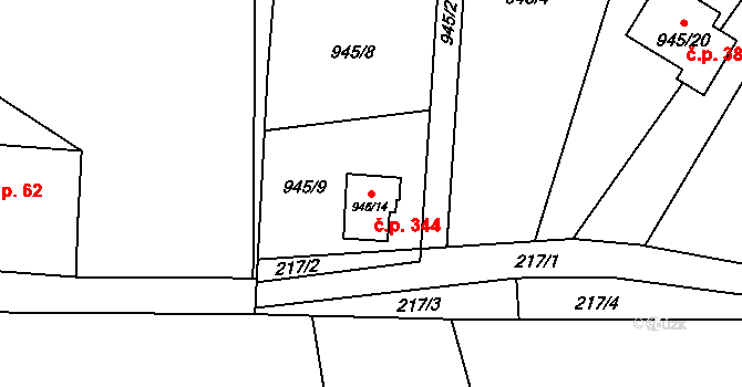 Dolní Žukov 344, Český Těšín na parcele st. 945/14 v KÚ Dolní Žukov, Katastrální mapa