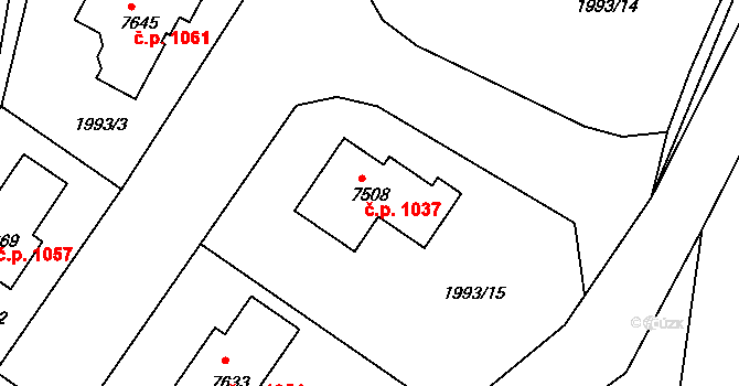 Borovina 1037, Třebíč na parcele st. 7508 v KÚ Třebíč, Katastrální mapa