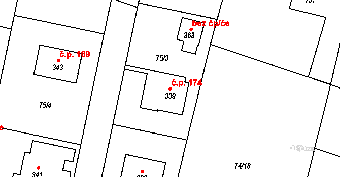 Mezouň 174 na parcele st. 339 v KÚ Mezouň, Katastrální mapa